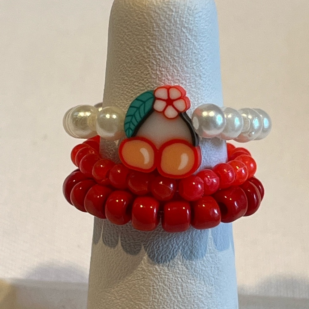 Handmade Cherry Beaded Rings Set, Stretchy